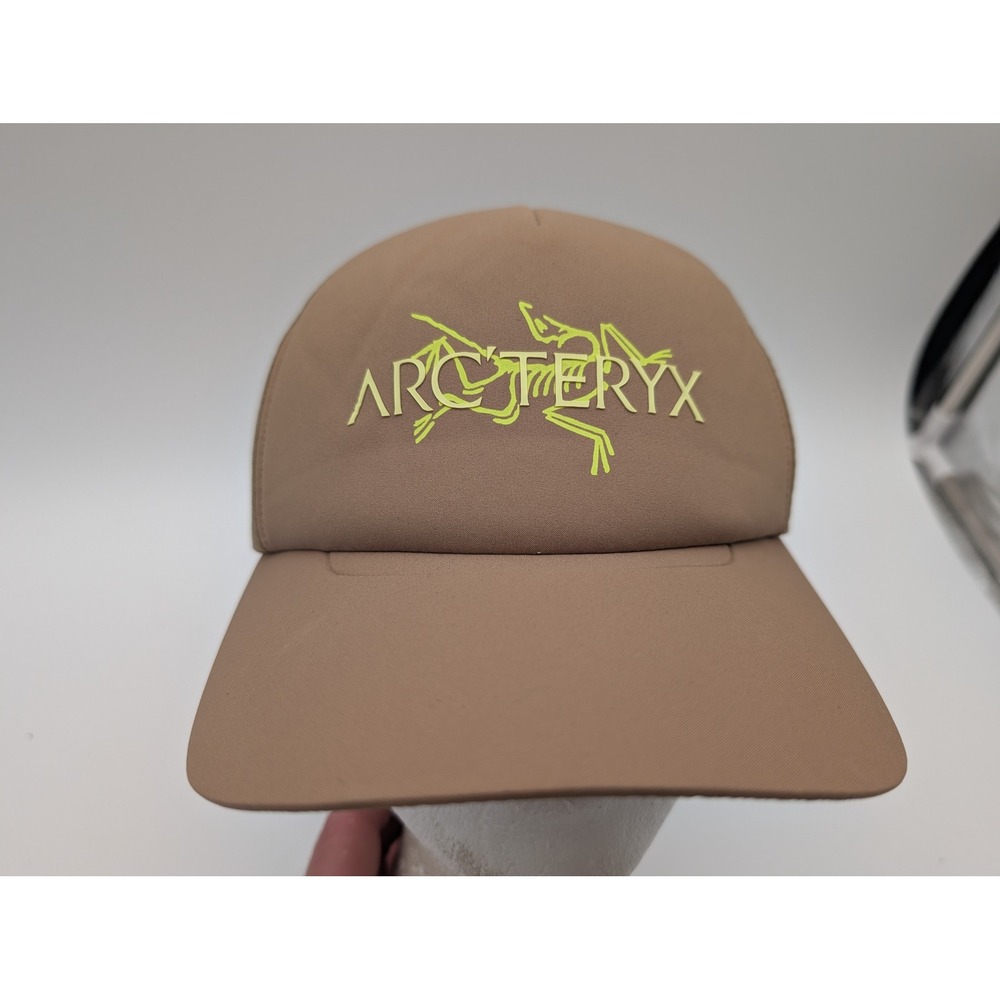 Arcteryx Bird Curved Brim Trucker Hat Tan Brown Lime Green Logo Snapback Cap